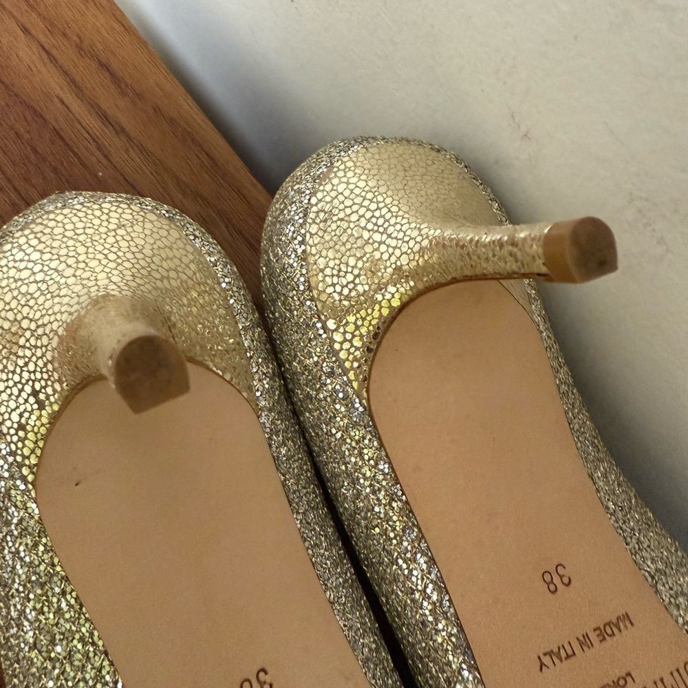 Jimmy Choo Isabel Metallic Gold/Champagne Glitter Peep Toe Pump. Size 38. - Picture 6 of 8
